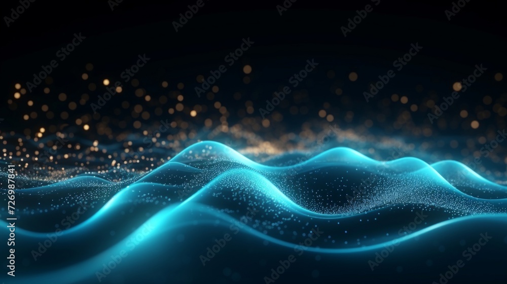 Poster dynamic blue abstract light wave with glowing particles on a dark background, symbolizing connectivi