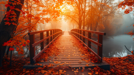 Autumn nature landscape. Lake bridge in fall forest.