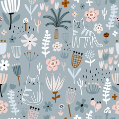 Seamless childish pattern with сute hand drawn cats and flowers. Creative kids texture for fabric, wrapping, textile, wallpaper, apparel. Vector illustration - 726987818