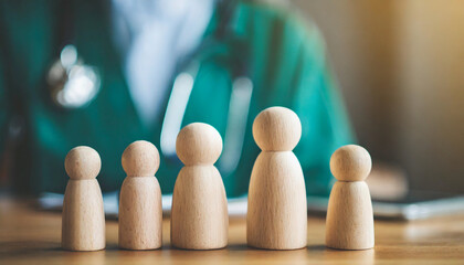 miniature wooden family figures on a doctor's table, symbolizing unity and healthcare support in a clinic or hospital setting