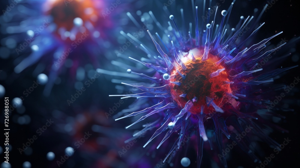 Aufkleber 3d illustration of a spiky viral particle with a fiery core on a dark background.