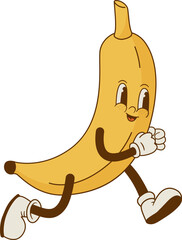 Comic mascot of running banana vector illustration. Funny retro cartoon tropical fruit character. Groovy style.