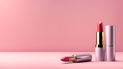 3D beauty fashion banner template designed with lipstick and makeup cosmetic tools. Minimal pink pastel background suitable for e commerce, social media, website banner. - obrazy, fototapety, plakaty