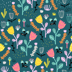 Seamless floral pattern with hand drawn flowers, branches. Blossom bright texture with flowers. Vector illustration