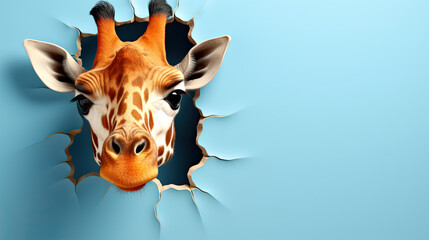 generated  illustration  of cute giraffe peeking out of a hole in blue  cracked wall, copy space