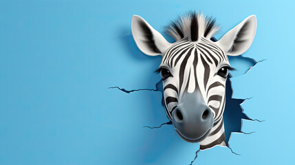 generated illustration Zebra looking through a hole torn from a cracked wall .