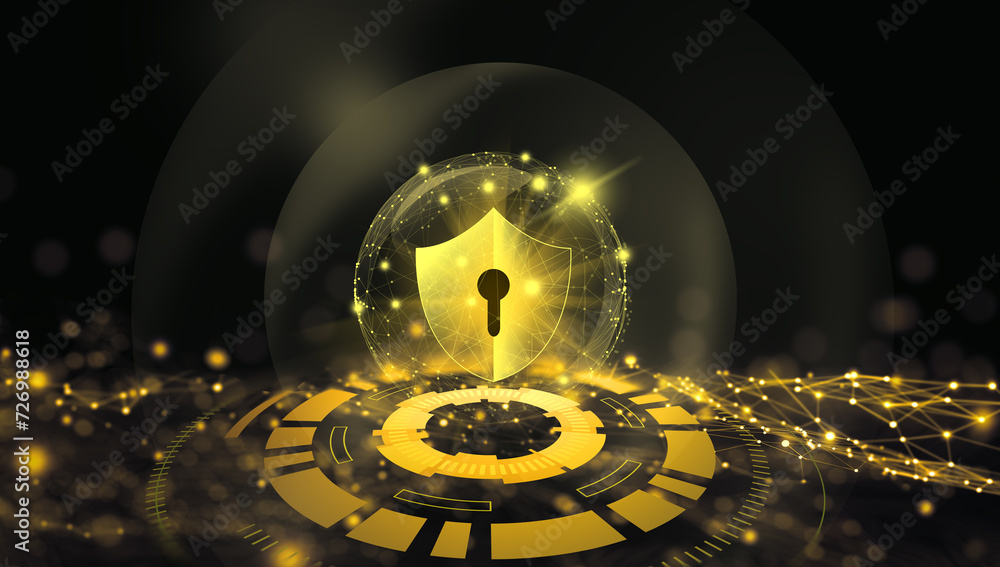 Wall mural data protection cyber security privacy. shield with keyhole icon in global business internet technol