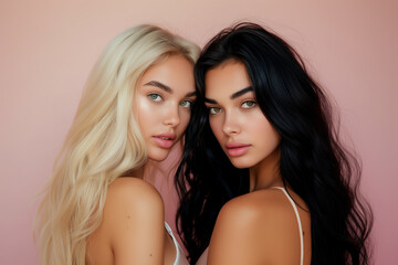 Portrait of a Blonde and a Brunette With Long Hair and Natural Looking Make Up on Light Pink Background