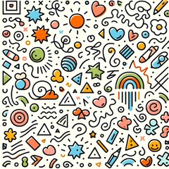 Create a fun and colorful line doodle shape seamless pattern. The art should be in a creative minimalist style, suitable as a background for children