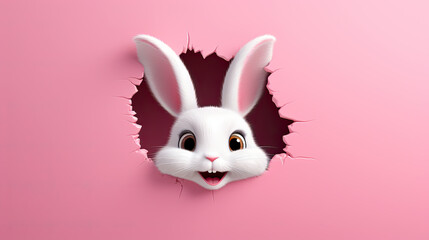 generated  illustration  of cute baby rabbit peeking out of a hole in wall, torn hole, empty copy space.