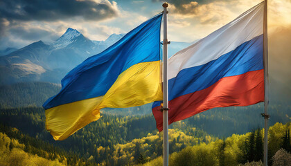 Ukrainian and Russian flags symbolizing tension, unity, and harmony