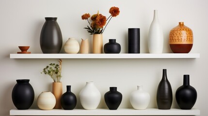 Stylish assortment of modern black, white, and tan vases with dried flowers on minimalist shelves.