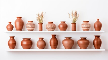 Collection of traditional terracotta pottery displayed on modern white shelves against a light background.