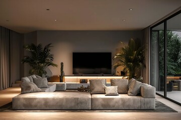 Modern grey minimalist interior livingroom with large gray modular sofa, panoramic windows and palm trees. TV wall mockup. Front view night lighting. generative ai.