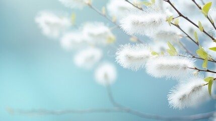 Soft pussy willow branches with fluffy catkins against a peaceful blue sky backdrop. - obrazy, fototapety, plakaty