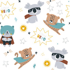 Seamless pattern with cute koala, cheetah, bear super hero. Creative childish texture in Scandinavian style. Great for fabric, textile Vector Illustration © solodkayamari