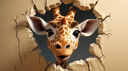 Cute  3d giraffe peeking out of a hole in brown color cracked wall.
