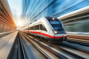 High speed train in motion on the railway station. Fast moving modern passenger train on railway platform. Railroad with motion blur effect. Commercial transportation. Blurred background - obrazy, fototapety, plakaty