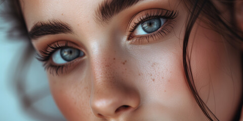 Fototapeta premium Close-up portrait of a woman with luminous skin and expressive blue eyes. Beauty and cosmetics concept. Image with a cold color palette and place for text for beauty and fashion design.