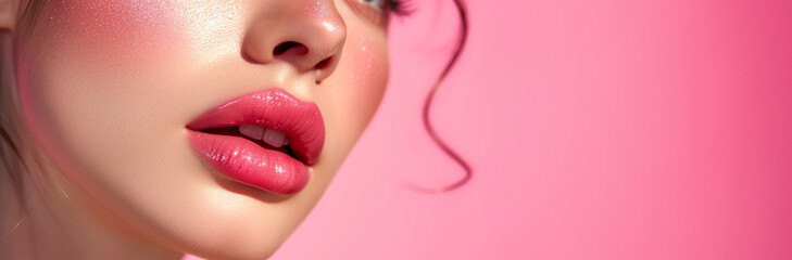 Naklejka premium Close up of woman's lips with pink lipstick and natural makeup with pink background. Beauty and cosmetics concept. Banner with copy space.