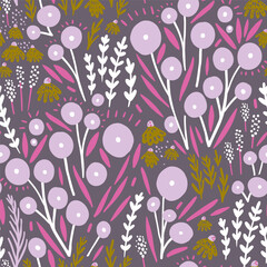 Seamless floral pink pattern with hand drawn flowers. Mauve pink blossom background. Perfect for fabric design, wallpaper, apparel. Vector illustration
