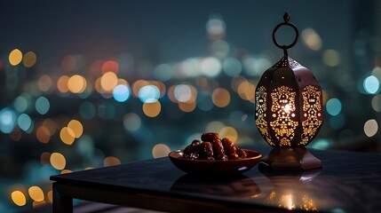 Ornamental Arabic lantern with burning candle glowing at night invitation for Muslim holy month Ramadan Kareem