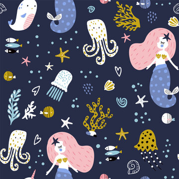 Seamless pattern with cute little mermaids. Creative undersea childish texture. Great for fabric, textile Vector Illustration