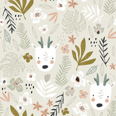 Seamless pattern with cute deers, floral elements. Woodland background. Perfect for kids apparel,fabric, textile, nursery decoration,wrapping paper. Vector Illustration