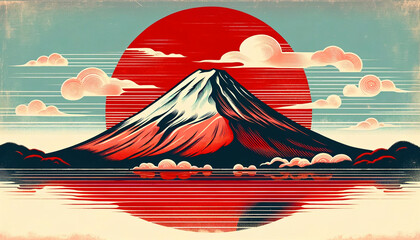 赤い富士山の版画、ブルー　背景、壁紙　（ AI生成画像 ）