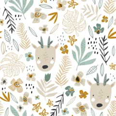 Seamless pattern with cute deers, floral elements. Perfect for kids apparel,fabric, textile, nursery decoration,wrapping paper. Vector Illustration © solodkayamari