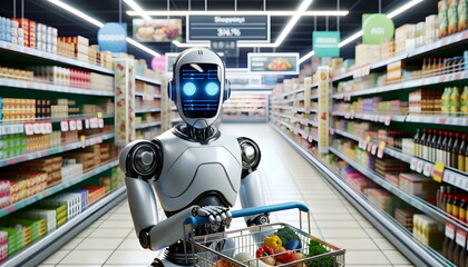 humanoid robot hold shopping cart in supermarket