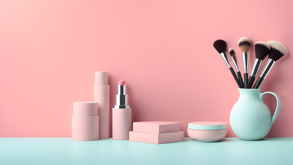 3D beauty fashion banner template designed with makeup cosmetic tools. Minimal pink pastel background suitable for e commerce, social media, website banner. - obrazy, fototapety, plakaty