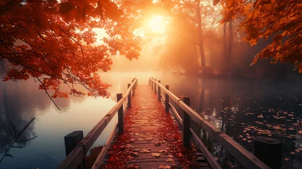 Poster Autumn nature landscape. Lake bridge in fall forest. © Harmony