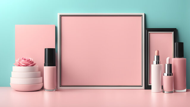 3D beauty fashion banner template designed with makeup cosmetic tools. Minimal pink pastel background suitable for e commerce, social media, website banner.