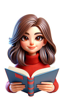 3d cartoon illustration of a  woman holding an open book