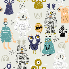 Childish seamless pattern with creative monsters characters. Funny monsters vector background. Perfect for kids apparel, textile, fabric.