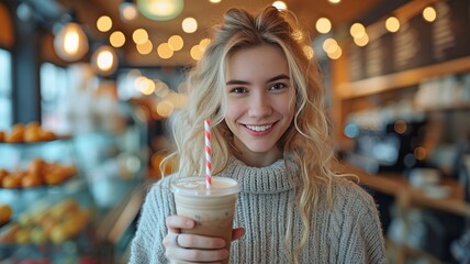 Using a paper straw, a café patron is holding a drink.
