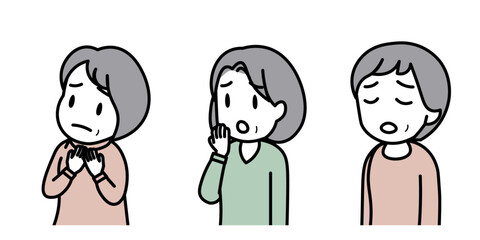 中高年女性3人の上半身イラスト（困り顔）