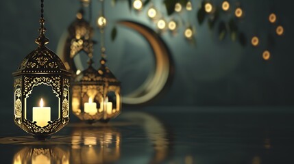 Ornamental Arabic lantern with burning candle glowing at night invitation for Muslim holy month Ramadan Kareem