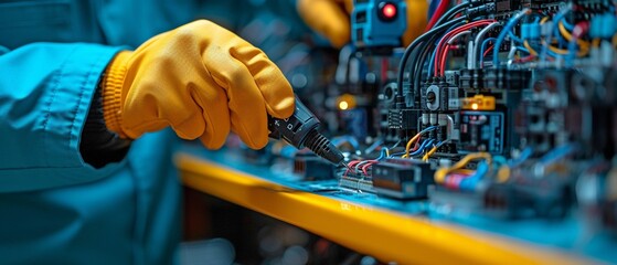An engineer manually checks the main power distribution board's cable wiring and the electric current voltage at the circuit breaker terminal.