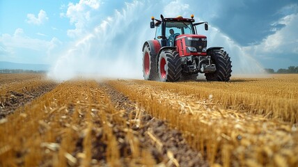 Obraz premium cultivating tractor sprinkling a field,