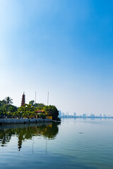 Hanoi West Lake, or Tay Ho Lake, view with Tran Quoc Pagoda, a landmark building in Hanoi Vietnam