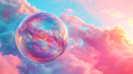 Fototapeta premium A soap bubble floats among puffy clouds, reflecting the sky's blue and pink hues.