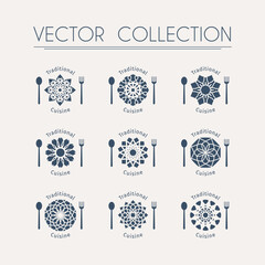 Asian food logo templates set. Vector ethnic ornamental design for restaurants and cafes. Emblems with plate, spoon and fork