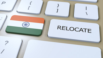 India Relocation Business Concept. 3D Illustration. Country Flag with Text Relocate on Button