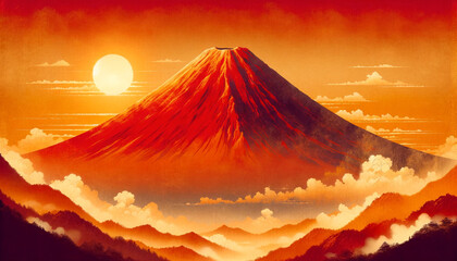 赤い富士山の日本画、岩絵具、左側に太陽　背景、壁紙　（ AI生成画像 ）