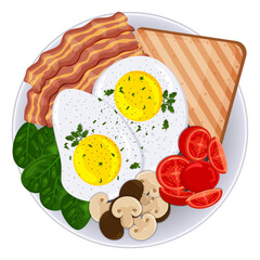 Fried Eggs with Bacon, Bread, Cherry Tomatoes, Mushrooms and Spinach - Brunch Top View Vector Illustration 