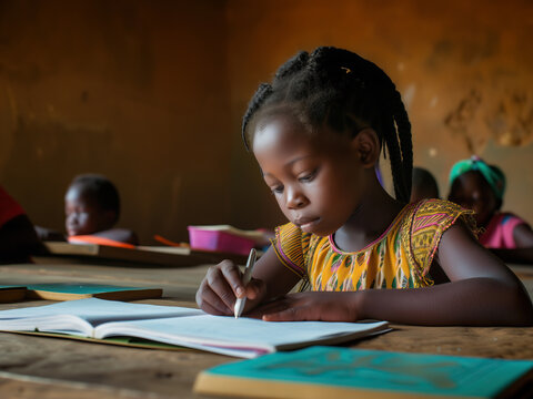 Education in third world countries - little african school girl holding a pen and writing into notebook while  sitting behind desk  in classroom, copy space on brown walls