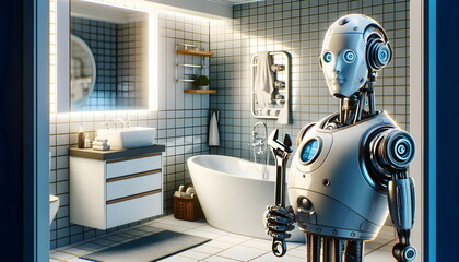 robot repairman with tools in the bathroom