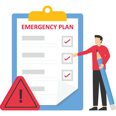 Plan for a business emergency. Leader of a clever business holding a pencil and a piece of paper with an emergency plan flashing siren.

